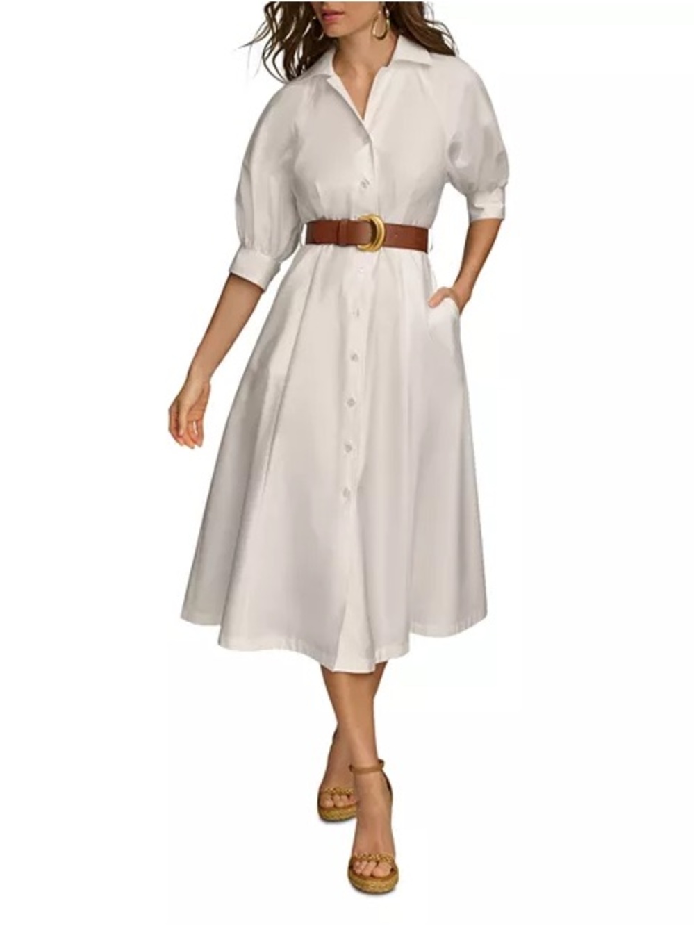 NWT Donna Karan Cream Shirt-Midi Dress with Brown Belt